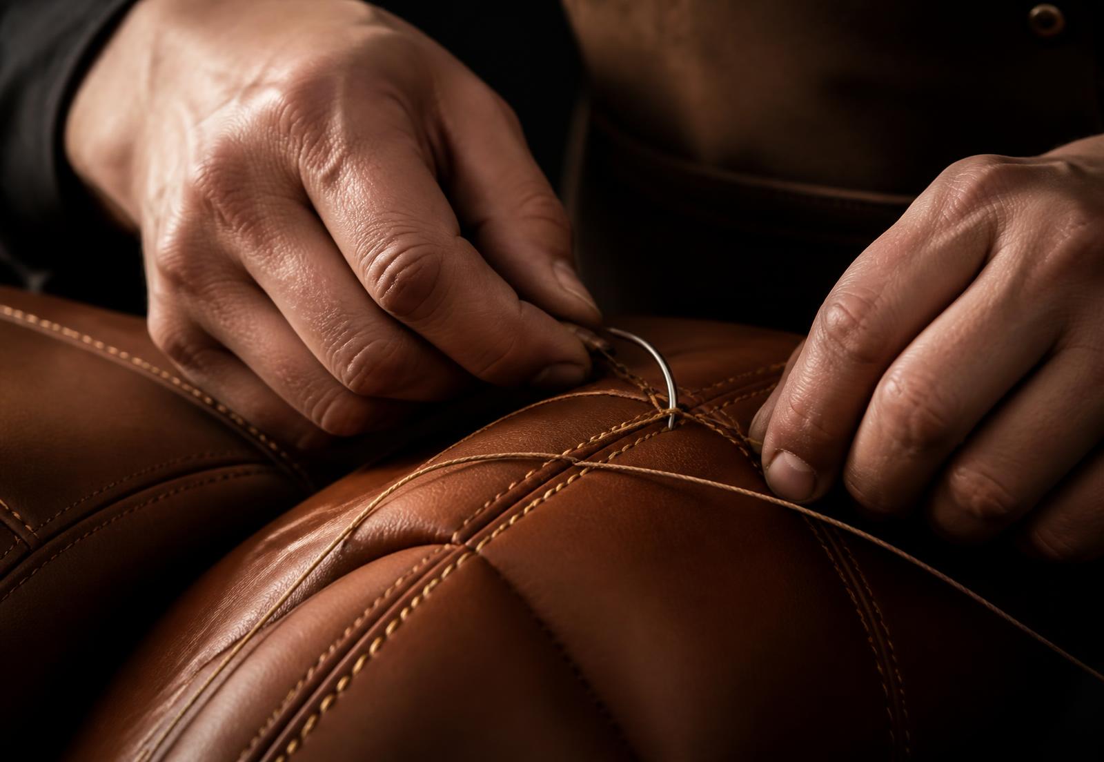 Craftsman hand-stitching a tan leather cushion