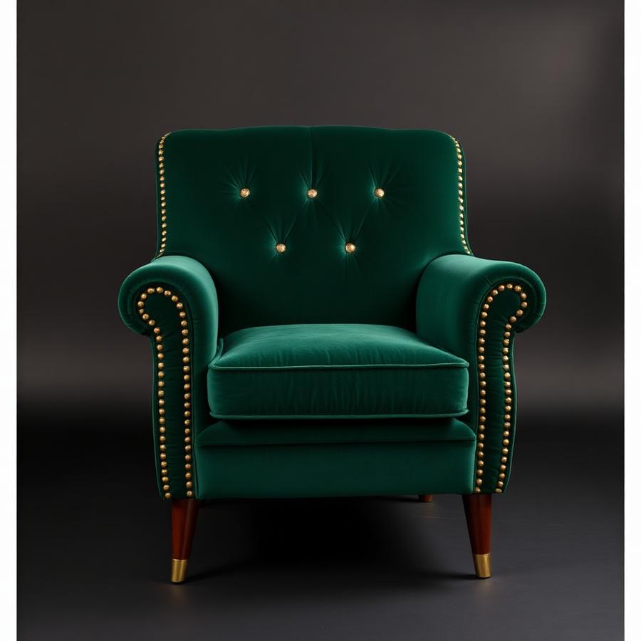 Armchair reupholstered in emerald velvet with brass tacks